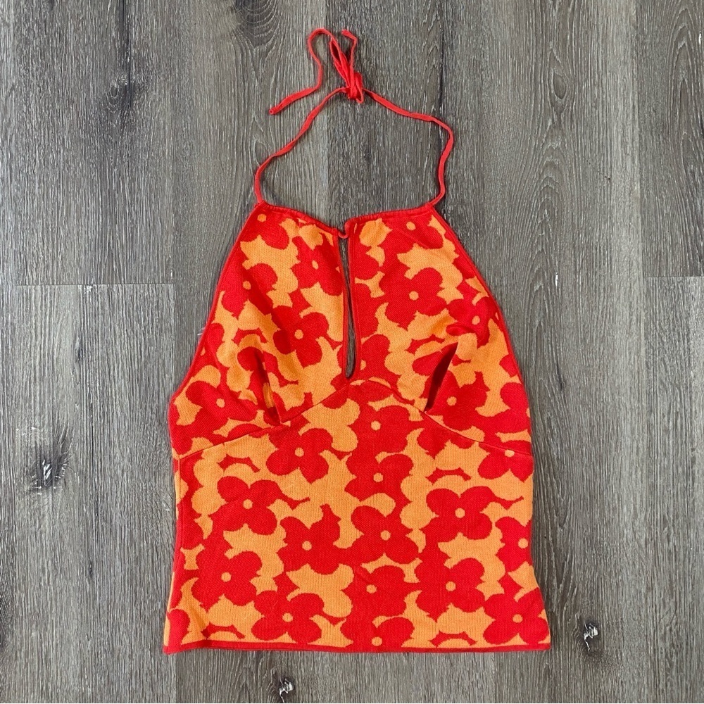 Madden NYC Size XLarge Womens Halter Top Red Floral Blouse Sleeveless Open Back
